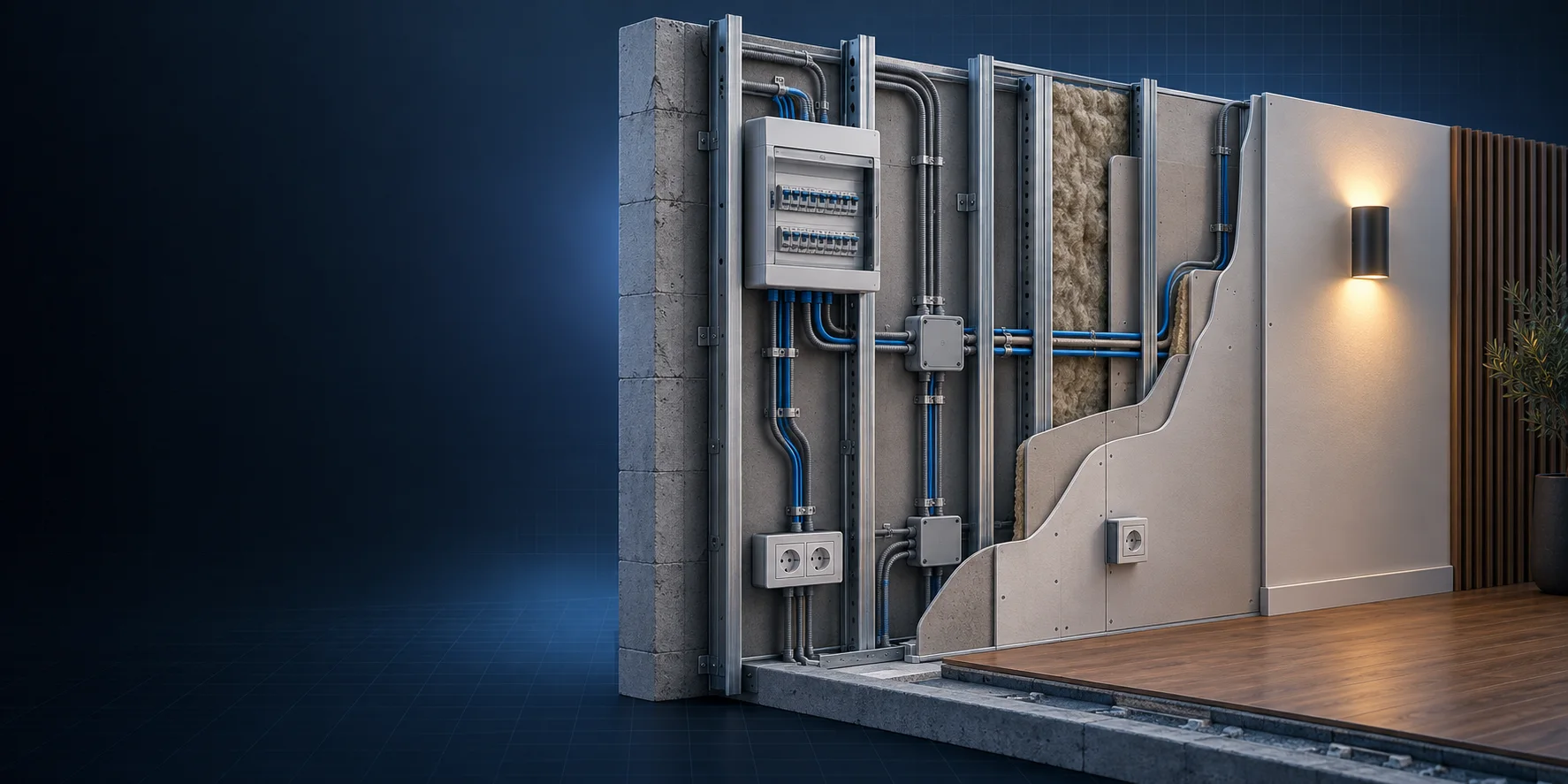 3D presjek zida s pregledno izvedenom elektroinstalacijom